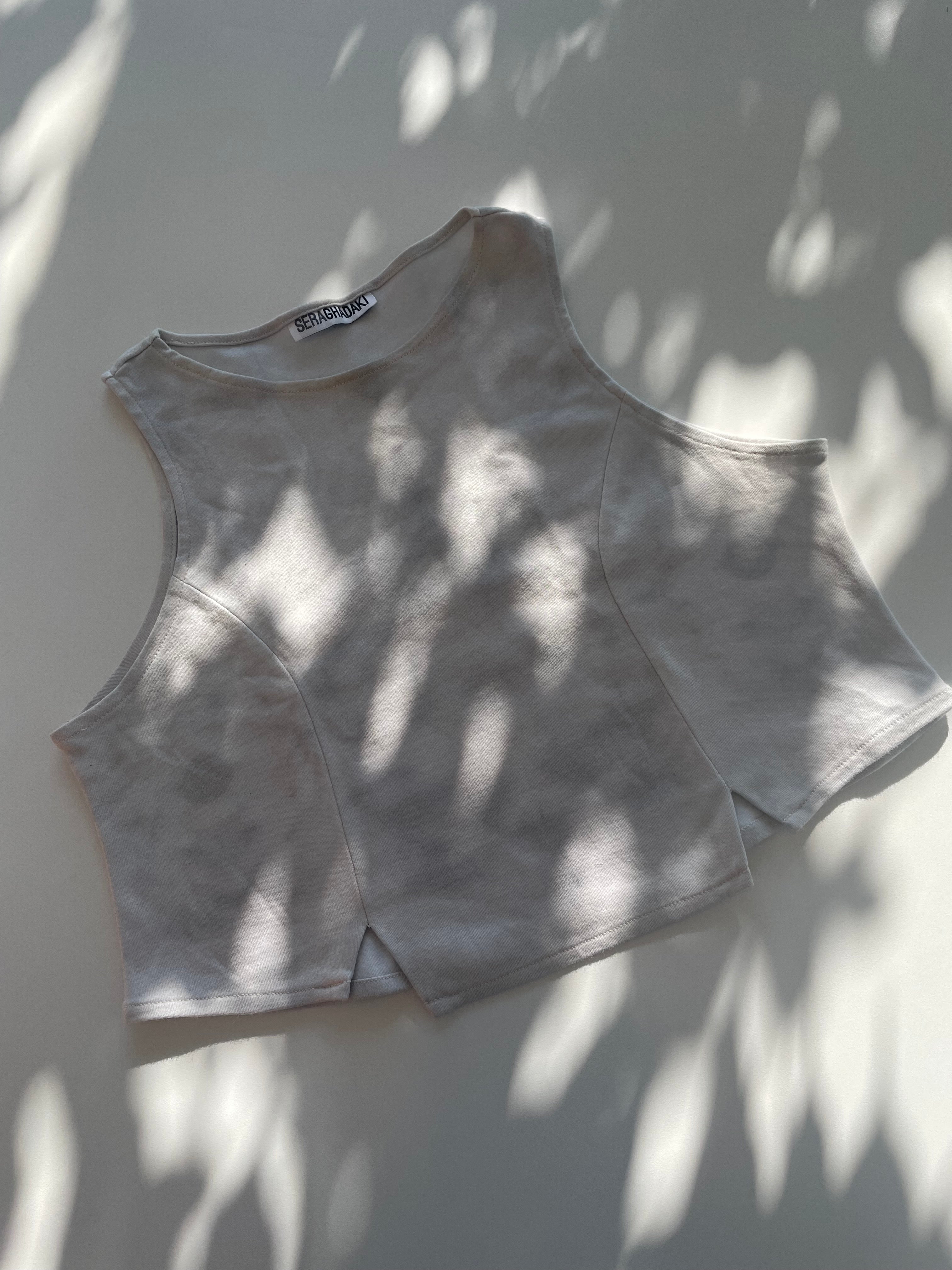 Umbra Top: cropped high neck tank top with cutouts in a custom shadow print. Made to order in NYC.