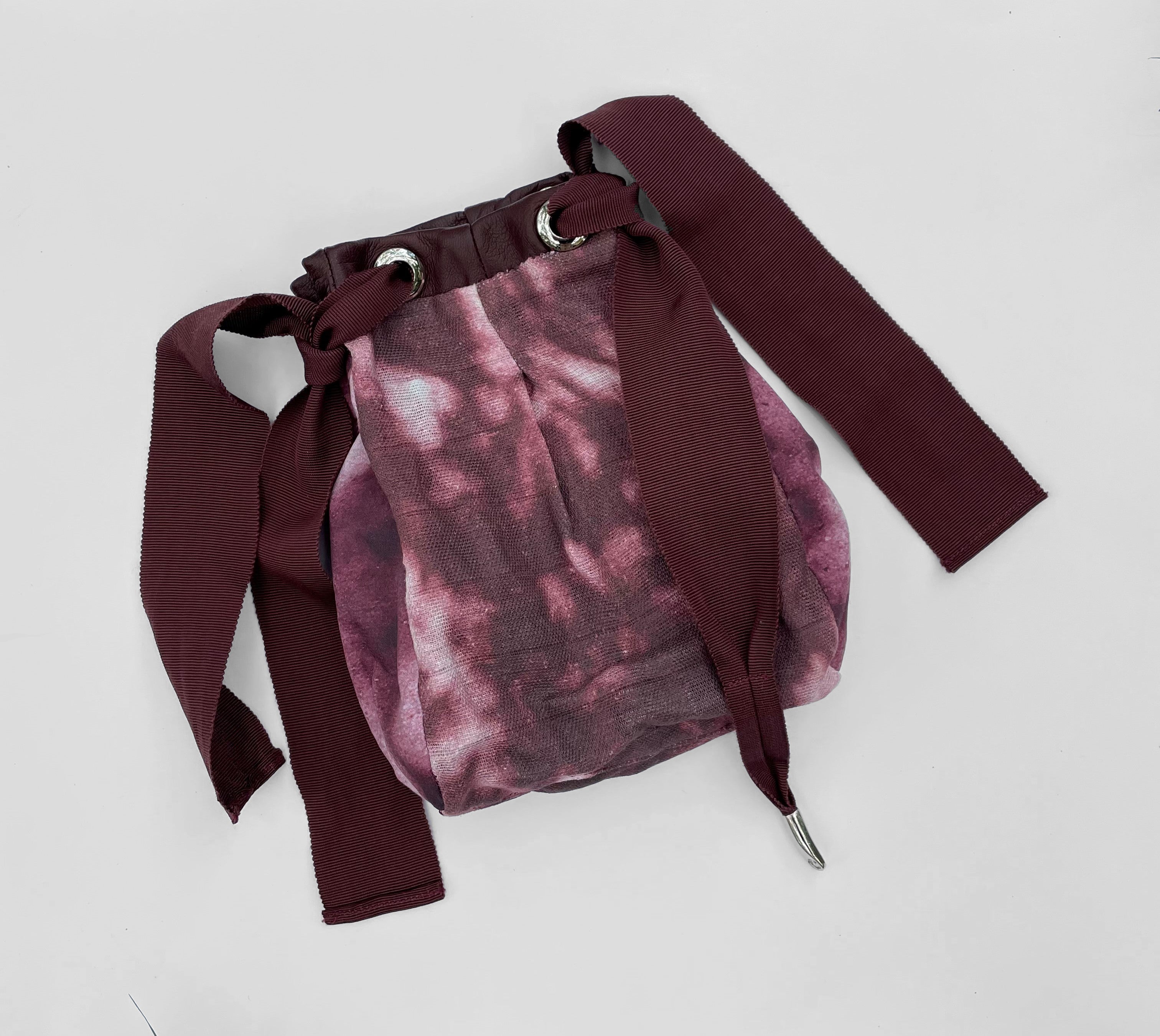 Reversible mini tie bag in a custom photo printed cotton/silk. Made to order in NYC.